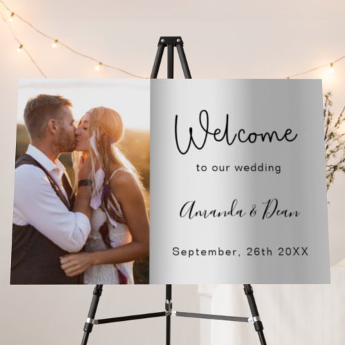 Silver photo script wedding welcome sign