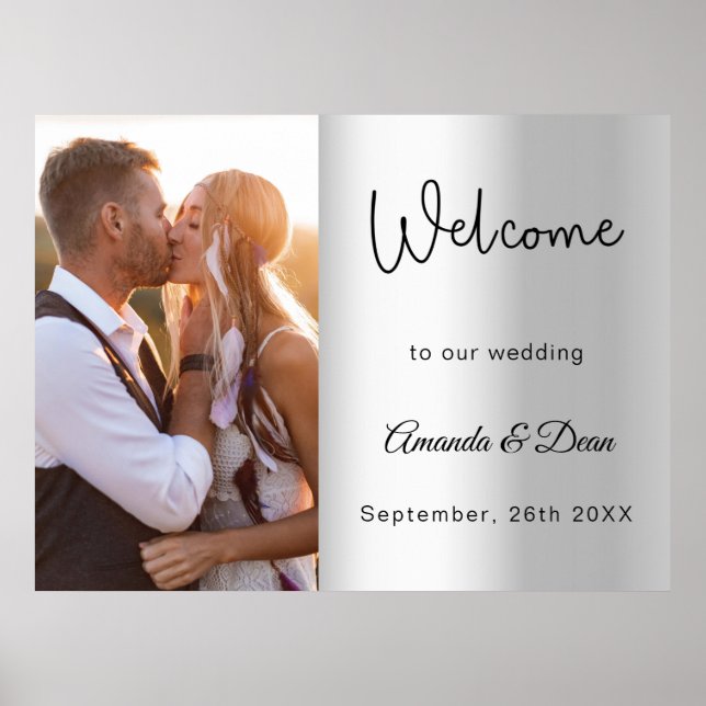 Silver photo script wedding welcome sign (Front)