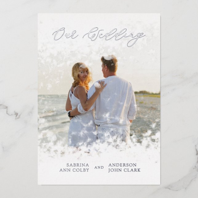 Silver Photo Whimsical Our Wedding Script Real Foil Invitation (Front)