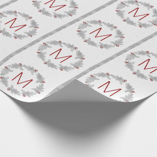 Silver Pine and Berries Monogrammed Christmas Wrapping Paper