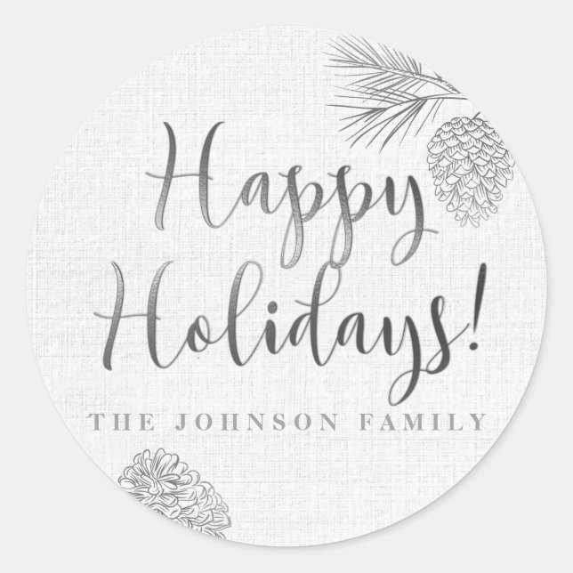 Silver Pine Cone, Holiday Classic Round Sticker (Front)