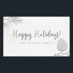 Silver Pine Holiday Rectangular Sticker<br><div class="desc">Rustic Wood, Holiday labels. Created with a canvas style background, silver pine cones & needles with a modern style silver script that reads "Happy Holidays". Add a custom touch to your holiday envelopes and cards with this winter, snow labels. This design coordinates with our Silver Pine Holiday Greetings Collection at...</div>