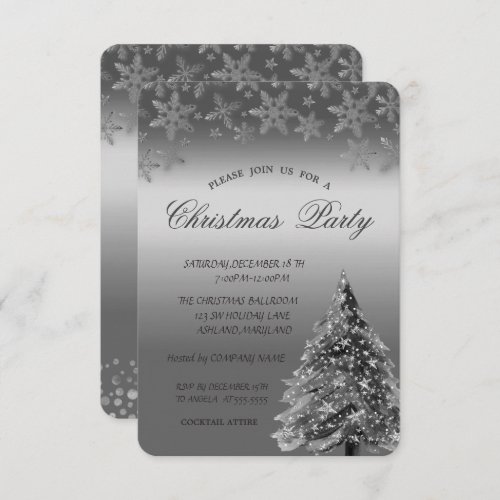 Silver Pine TreeDots Snowflakes Christmas Party  Invitation