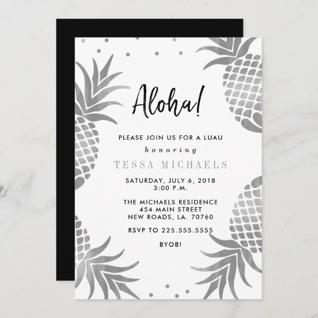Silver Pineapple Luau Party Invitations (Front/Back)