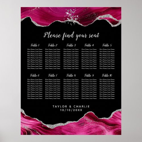 Silver Pink Agate Wedding 10 Table Seating Chart