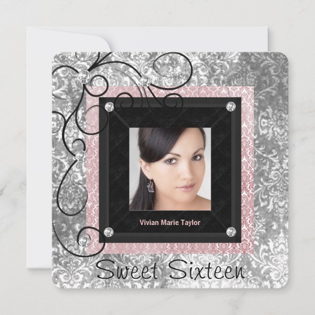 Silver Pink and Black Damask Sweet 16 Invitation (Front)