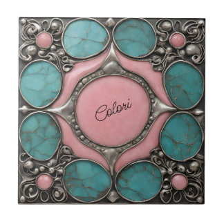 Silver Pink and turquoise stone art Ceramic Tile