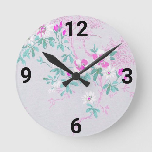 Silver Pink Aqua Floral Cherry Blossom WALL CLOCK