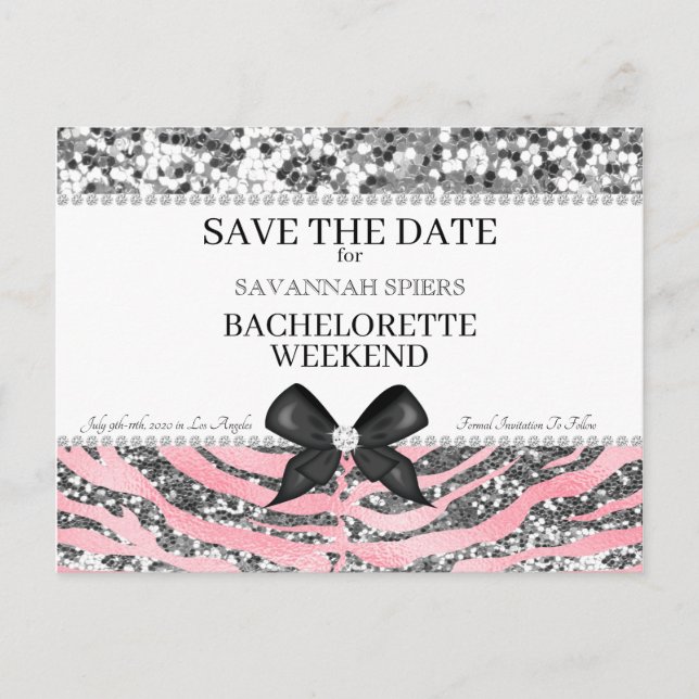 Silver Pink Bachelorette Weekend Save the Date Announcement Postcard (Front)