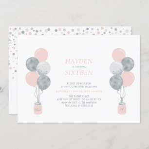 Silver & Pink Balloon Sweet Sixteen Birthday Party Invitation