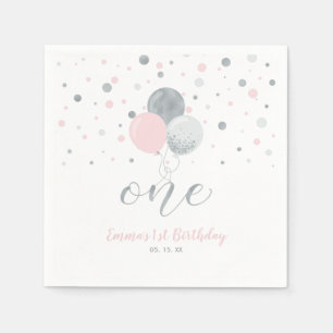Silver & Pink Balloons, Confetti Girl 1st Birthday Napkins