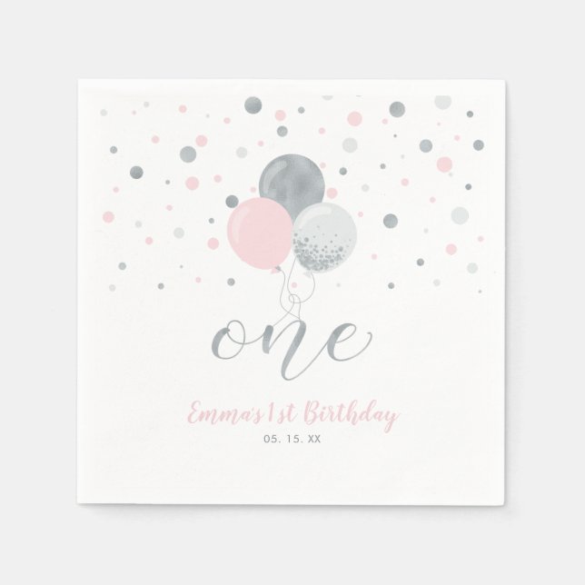 Silver & Pink Balloons, Confetti Girl 1st Birthday Napkins (Front)