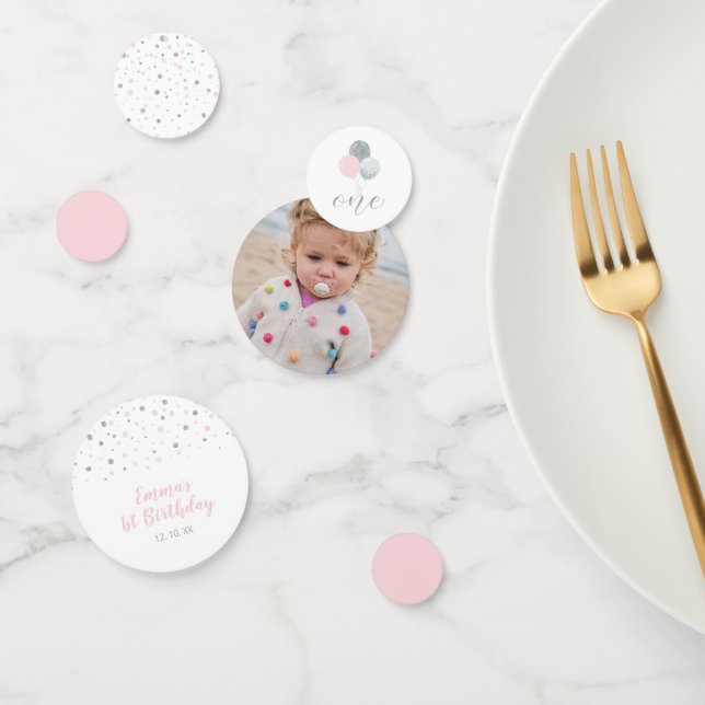 Silver & Pink | Balloons Girl 1st Birthday Party Confetti (Group)