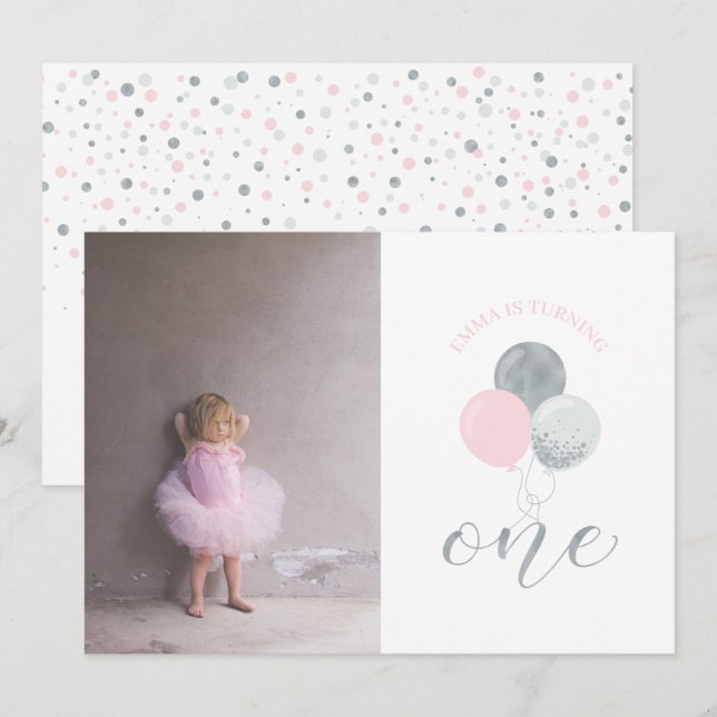 Silver & Pink Balloons | Girl 1st Birthday Party Invitation (Front/Back)