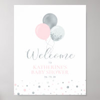 Silver & Pink Balloons | Girl Baby Shower Welcome Poster