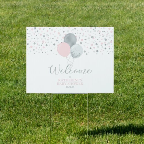 Silver Pink Balloons Girl Baby Shower Welcome Sign