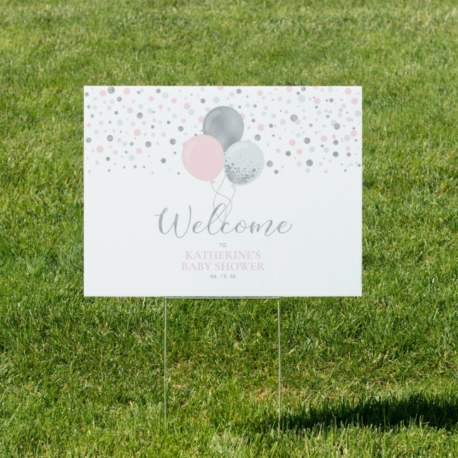 Silver Pink Balloons Girl Baby Shower Welcome Sign (Insitu)