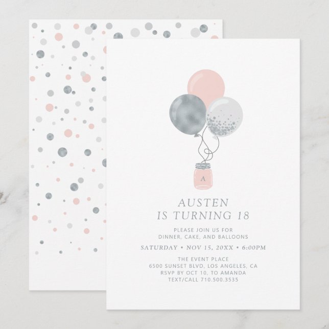 Silver & Pink Balloons Modern 18th Birthday Party Invitation (Front/Back)
