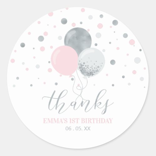 Silver  Pink Balloons  Party Favor Thank you Cla Classic Round Sticker