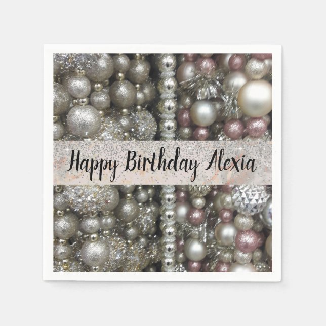Silver Pink  Beads Glitter Birthday Personalized   Napkins (Front)