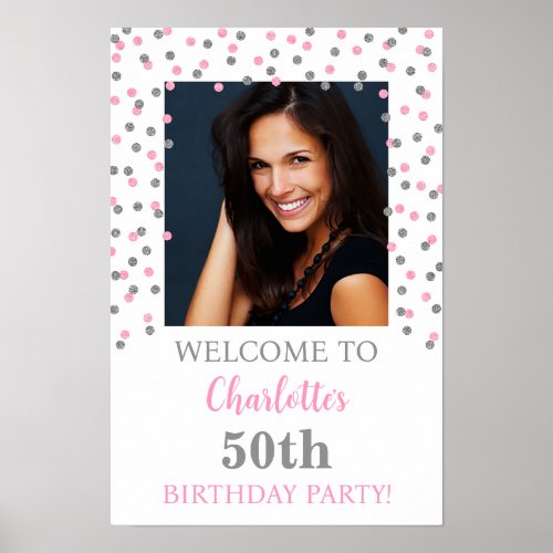 Silver Pink Birthday Party Custom 12x18 Photo Poster