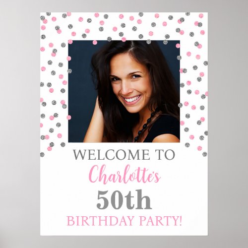 Silver Pink Birthday Party Custom 18x24 Photo Poster