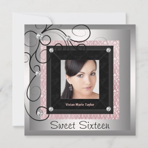 Silver Pink Black Damask Photo Sweet 16 Party Invitation