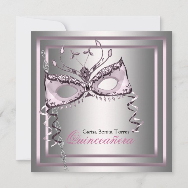 Silver Pink Black Masquerade Party Invitation (Front)