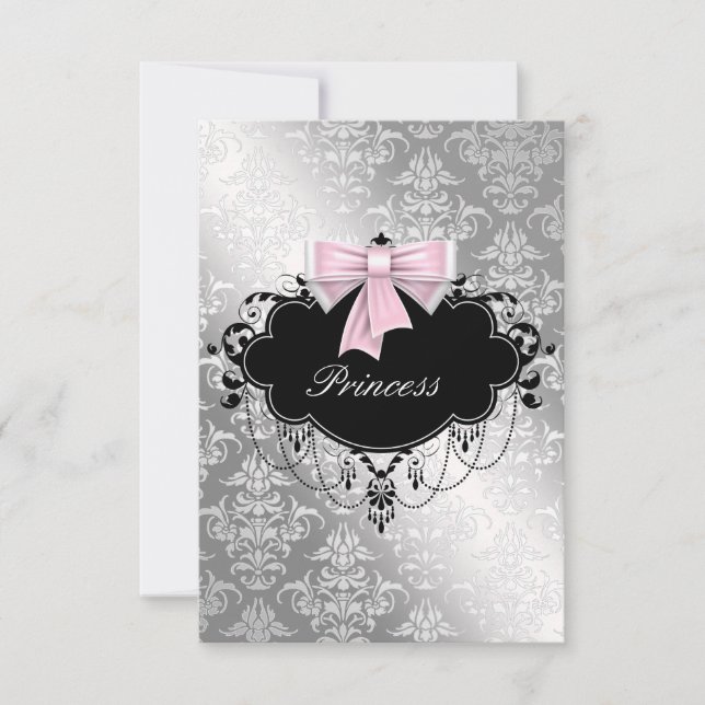 Silver Pink Black Princess Baby Girl Shower RSVP (Front)