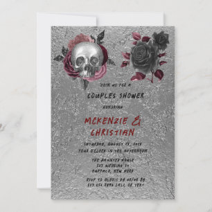 Silver Pink Black Skull Head Couples Shower Invitation