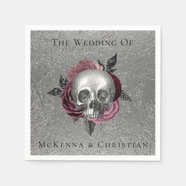 Silver Pink Black Skull Head Wedding Napkins (Front)