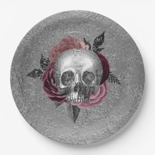 Silver Pink Black Skull Head Wedding Paper Plates