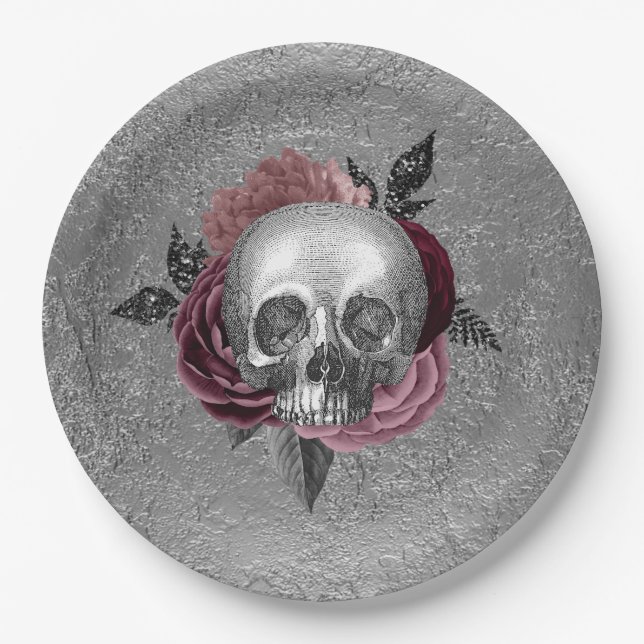Silver Pink Black Skull Head Wedding Paper Plates (Front)