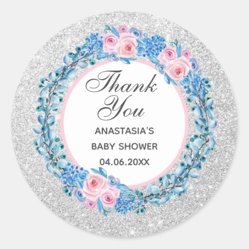 Silver Pink Blue Floral Rose Thank You Baby Shower Classic Round Sticker