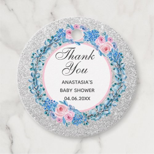 Silver Pink Blue Floral Rose Thank You Baby Shower Favor Tags