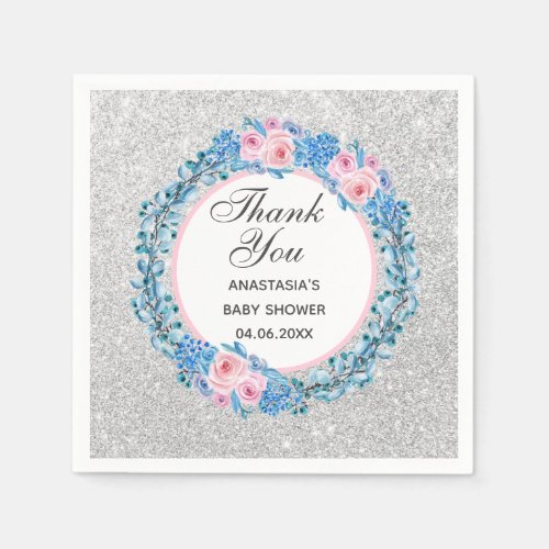 Silver Pink Blue Floral Rose Thank You Baby Shower Napkins