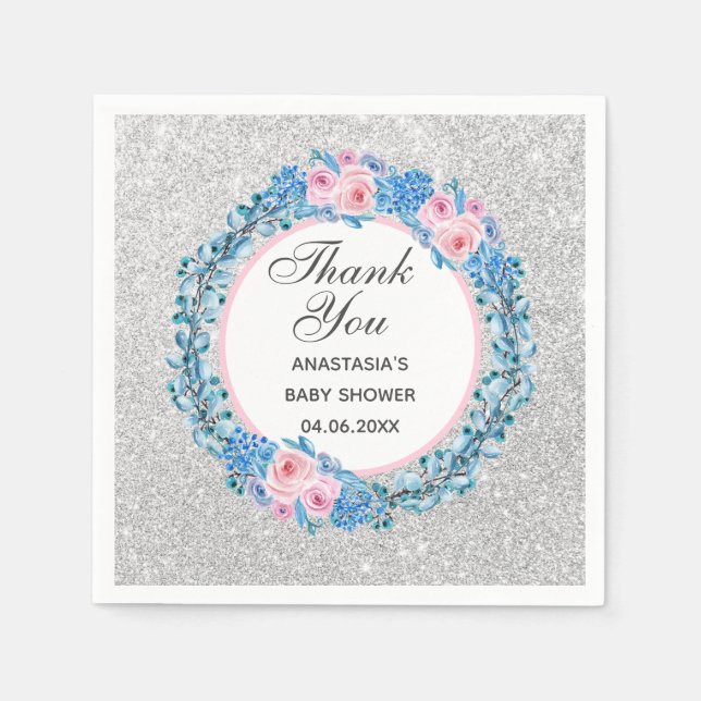 Silver Pink Blue Floral Rose Thank You Baby Shower Napkins (Front)