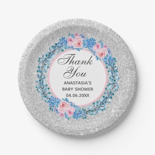 Silver Pink Blue Floral Rose Thank You Baby Shower Paper Plates