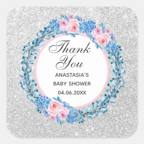 Silver Pink Blue Floral Rose Thank You Baby Shower Square Sticker