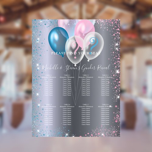 Silver pink blue gender reveal party seating chart