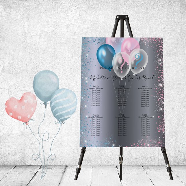 Silver pink blue gender reveal party seating chart foam board (Creator Uploaded)