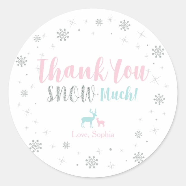 Silver, Pink & Blue Winter wonderland Thank you Classic Round Sticker (Front)
