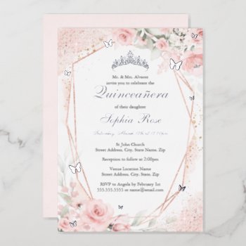 Silver Pink Blush Butterfly Floral Quinceanera Foil Invitation by LittleBayleigh at Zazzle
