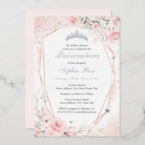 Silver Pink Blush Butterfly Floral Quinceanera Foil Invitation