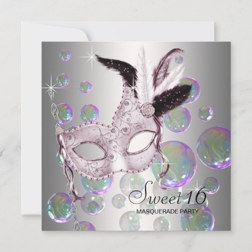 Silver Pink Bubbles Sweet Sixteen Masquerade Party Custom Invites