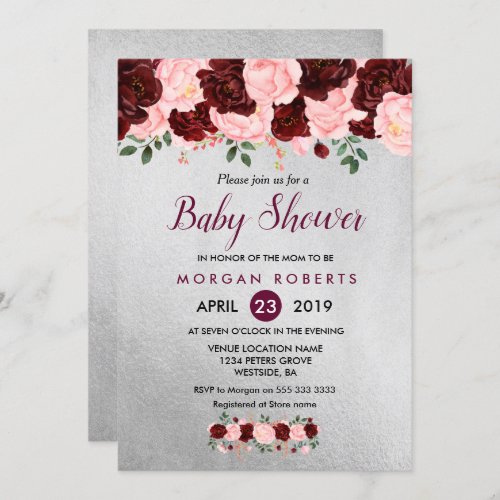 Silver Pink Burgundy Floral Baby Shower Invitation