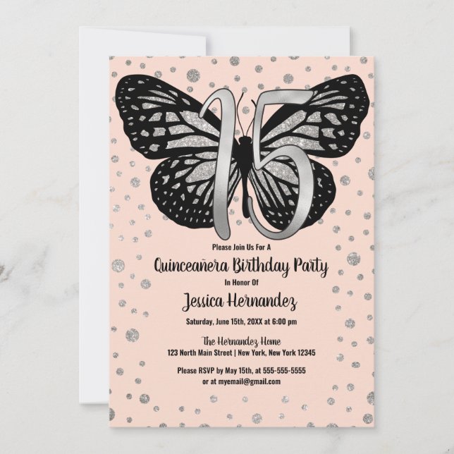 Silver Pink Butterfly Glitter Confetti Quinceañera Invitation (Front)