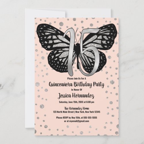 Silver Pink Butterfly Glitter Confetti Quinceaera Invitation