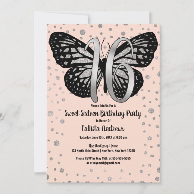 Silver Pink Butterfly Glitter Confetti Sweet 16 Invitation (Front)