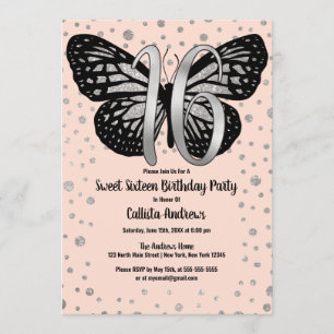 Silver Pink Butterfly Glitter Confetti Sweet 16 Invitation